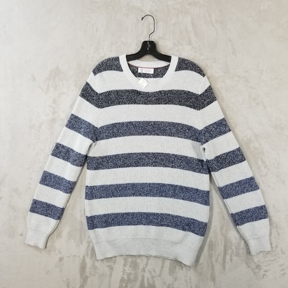 Brunello Cucinelli Sweater Mens Striped 100% Cotton Knit Crewneck Blue White